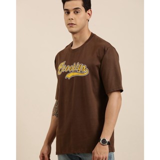 Mens Brown Brooklyn Typography Oversized T-shirt เสื้อแฟชั่นผญ เสื้อยืดแฟชั่น