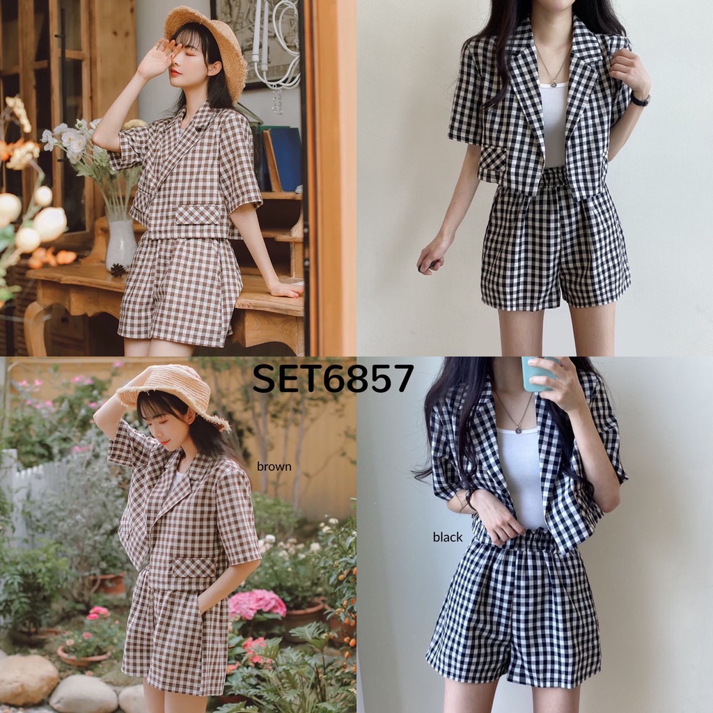 SET6857 Checker Crop Blazer & กางเกงขาสั้น