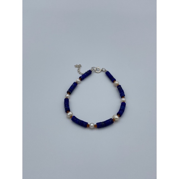 natural lapis lazuli and pearl beaded bracelet