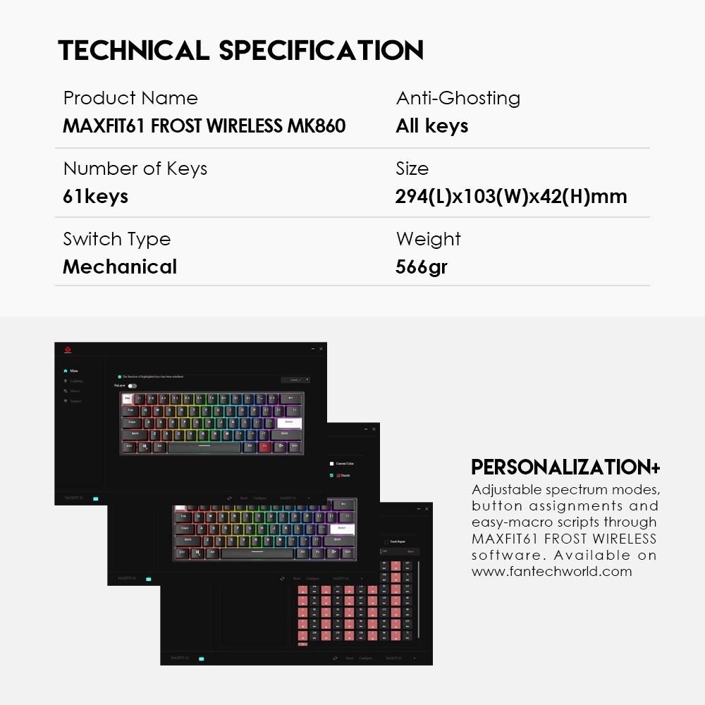 FANTECH MK860 MAXFIT61 FROST WIRELESS Hotswappable KEYBOARD MODULAR MECHANICAL KEYBOARD RED SWITCH และ BLUE SWITCH
