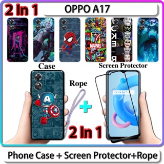 2 IN 1 เคส OPPO A17 เคส พร้อมกระจกนิรภัยโค้ง ป้องกันหน้าจอเซรามิค LOL และการออกแบบฮีโร่