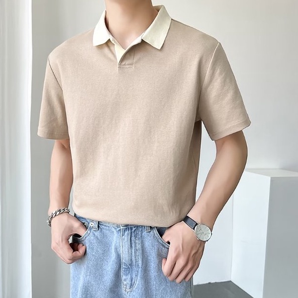 เสื้อโปโลแขนสั้นลําลอง ผ้าฝ้ายแท้ ทรงหลวม เกาหลีสําหรับผู้ชาย เสื้อคอปกแขนสั้น คอปกขาว สีพื้นมินิมอล เสื้อคอปกผู้ชาย สวมใส่สบาย เข้ากับทุกการแต่งกาย