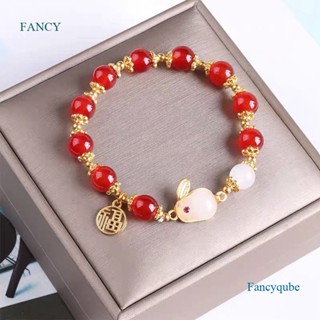 Fancyqube สร้อยข้อมือ เชือกหยกนําโชค รูปกระต่ายปี 2023 สีแดง สีดํา เครื่องประดับ สําหรับผู้หญิง คู่รัก