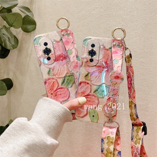 New Phone Case Huawei Nova10 Pro 10 SE Honor 70 Mate 50 Pro 5G เคส Casing Glitter Luxurious Rhinestone Flowers Pattern with Wristband Long Lanyard Soft Case เคสโทรศัพท