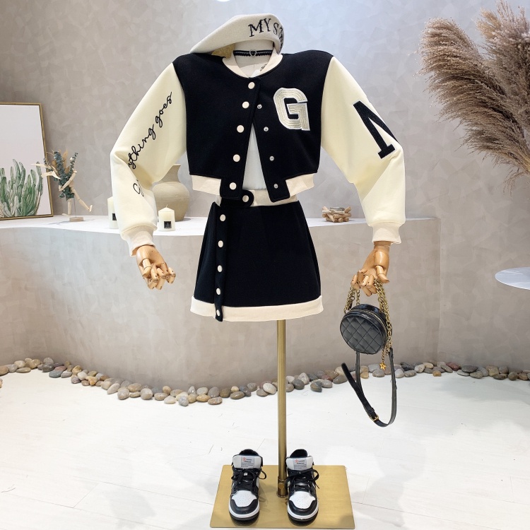 Red Embroidered Letter Coat Short Bomber Jackets Patchwork Contrast Mini Black Skirt Sets Autumn 2022 Casual 2piece Trac #9