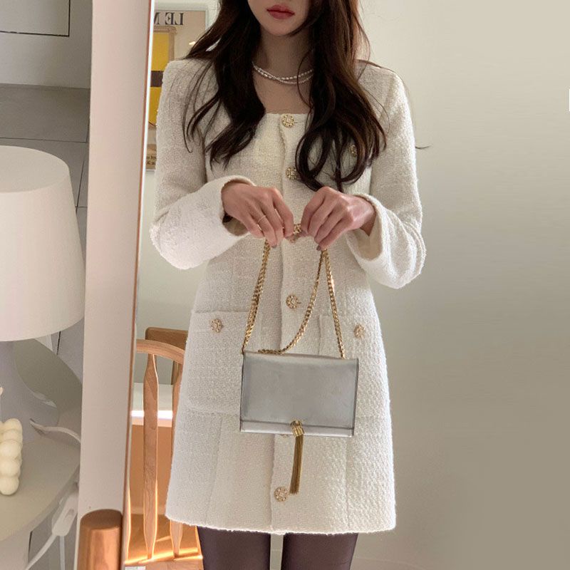 พร้อมส่ง 2สี เดรสสั้นผ้าทอทวีด สวยหรูสไตล์ชาแนล D007