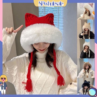 (SPwholesale) หมวกบีนนี่ ผ้าถัก แต่งพู่ แต่งหูแมว ให้ความอบอุ่น สีขาว แฟชั่นฤดูใบไม้ร่วง และฤดูหนาว สําหรับเด็กผู้หญิง