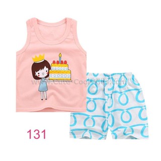 S-PJG-131 ชุดนอนเด็กแขนกุด ขาสั้น สีครีม ลาย Girl