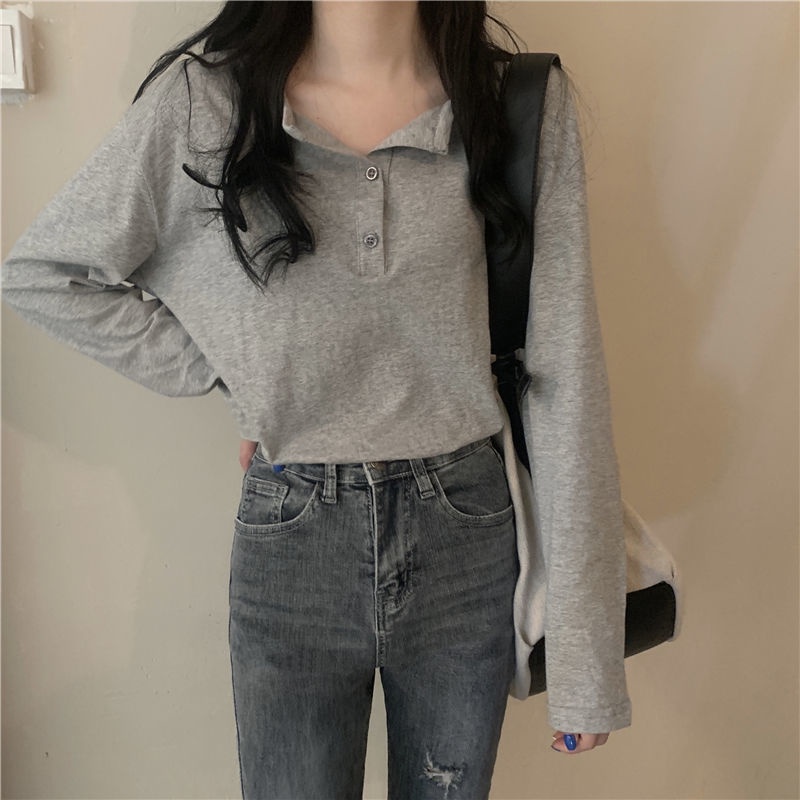 สินค้าใหม่ เสื้อยืดแขนยาว คอปก เปิดกระดุม ทรงหลวม สีพื้น สไตล์เกาหลี สําหรับผู้หญิง