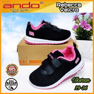 ANDO Sepatu Sekolah Anak Perempuan Cewek Kecil Hitam Pink Rebecca Original Perekat Size 29 sd 36