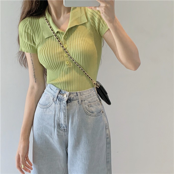 Coco บน ใหม่ ~ ~Chicเสื้อโปโลคอสีขาวแขนสั้นผู้หญิงฤดูร้อนฝรั่งเศสออกแบบเฉพาะกลุ่มรู้สึกสั้นผอมเสื้อถ