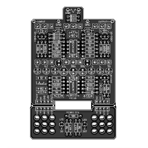 T-Audio PCBFX-076 Dual Pedal ตาม TS808 Tube Screamer และ Proco RAT Overdrive & Distortion Pedal ใน 1