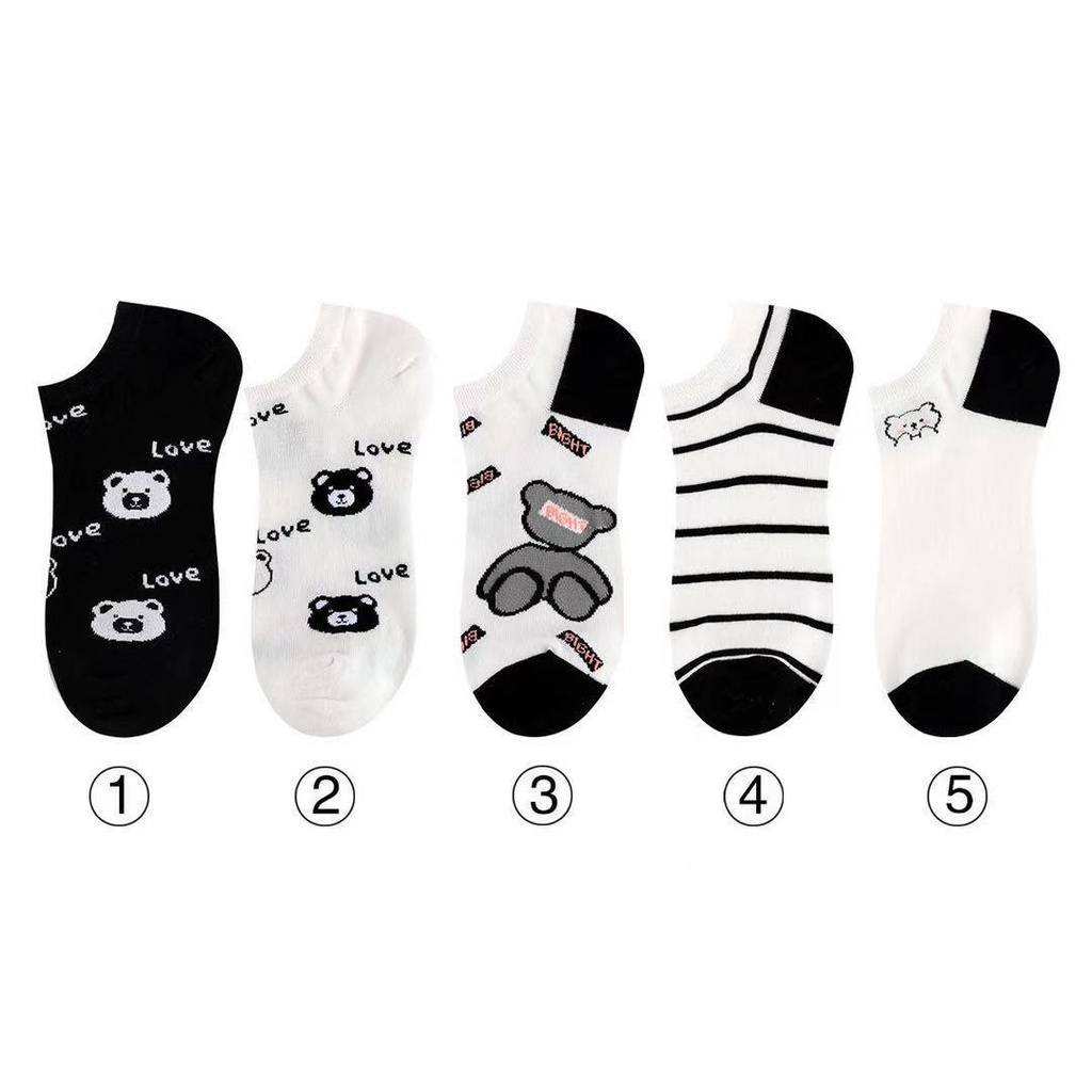 ถุงเท้าข้อสั้น แบบบาง ลายการ์ตูนน่ารัก สีดํา และสีขาว แฟชั่นฤดูใบไม้ผลิ และฤดูร้อน สไตล์ญี่ปุ่น สําหรับผู้หญิง