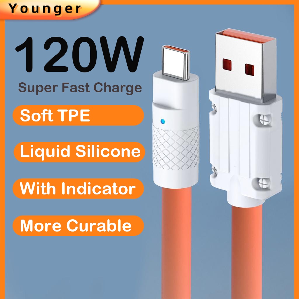 120w 6A ซุปเปอร์ชาร์จเร็ว ซิลิโคนเหลว ชาร์จเร็ว Mirco USB สายเคเบิลข้อมูล พร้อมไฟ สําหรับ i-phone Type C Android