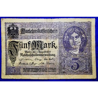 แบงก์​สะสม​ เยอรมัน​ Germany​(ยุค​จักรพรรดิ​ Wilhelm​ II), 5 Mark, ใช้แล้ว, B272L