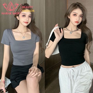 พร้อมส่ง 🔥 เสื้อยืด เสื้อครอปแขนสั้นพื้นๆ สำหรับผู้หญิง เสื้อยืดแขนสั้น สไตล์สาวฮอต เสื้อยืดรัดรูปเเขนสั้น