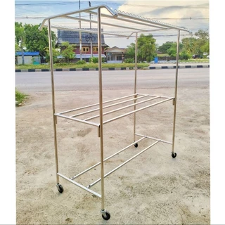 ราวตากผ้าสแตนเลส ยาว2เมตร รุ่นทรงโค้ง คานล่าง2เส้น ยาว200xกว้าง100xสูง180cm ล้อล็อคได้