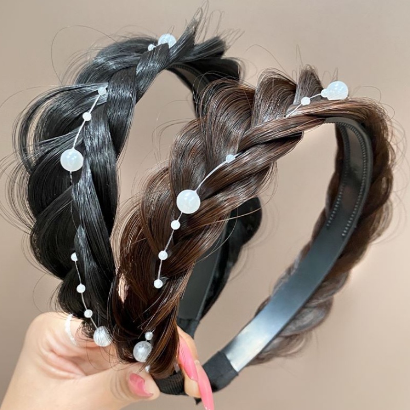 สาวหวานน่ารัก ปีกกว้างบิดถักเปียวิกผมที่คาดผมมุกกันลื่นก้างปลาถักเปียผมจัดแต่งทรงผมเครื่องมือ