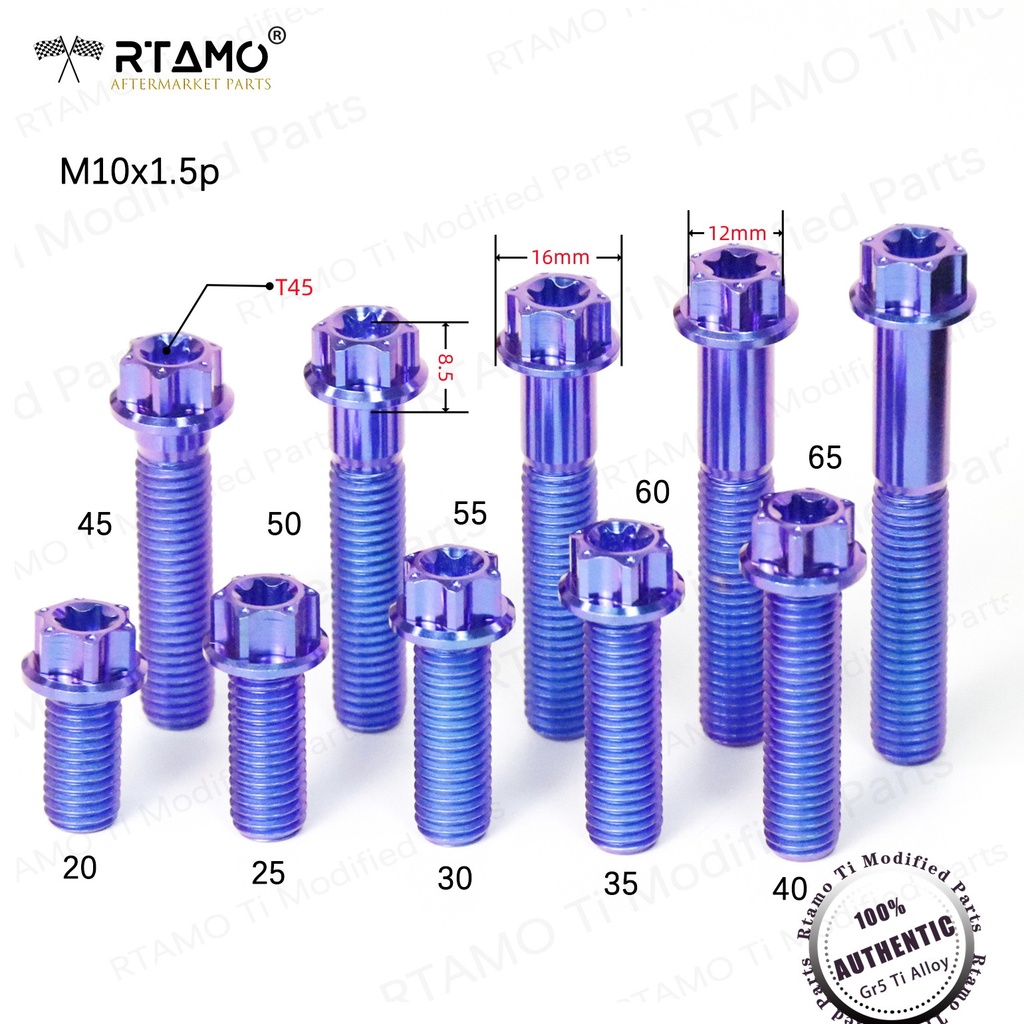RTAMO Titanium Gr5 1.5P M10(เบอร์ 14)20 25 30 35 40 45 50 55 60 65L OD=16 CNC Bolt ปั๊ม Brembo M4.32 M50 M50s 1098