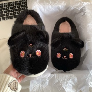 พร้อมส่ง🌙 รองเท้า รองเท้าลายแมวดำ พระจันทร์ ตาวิ้งๆ Slipper สลิปเปอร์ขนนุ่ม