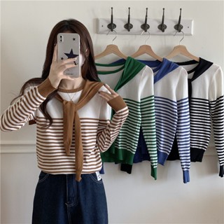 เสื้อไหมพรม เสื้อแขนยาวลายทางมีผ้าคลุมไหล่น่ารัก Stripe knit sweater with shawl 32138