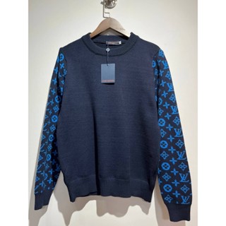 LOUIS VUITTON BLUE NAVY TWO-TONED MONOGRAM SLEEVES WOOL AND CASHMERE CREW NECK SWEATER สเวตเตอร์หลุยส์วิตตอง ไหมพรม
