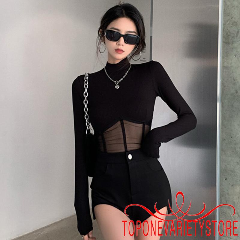 Topone-เสื้อยืดผอมฤดูใบไม้ผลิฤดูใบไม้ร่วงแขนยาวสีดําคอสูงตาข่ายpatchwork Tops