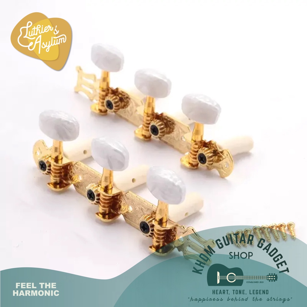 สต็อคไทย  ส่งเร็ว⚡️ ลูกบิดกีตาร์คลาสสิค 1 ชุด 2 ตัวซ้าย-ขวา แบบโครงโลหะปั๊มลายชุบทอง หัวลูกบิดพลาสติกสีขาวมุก