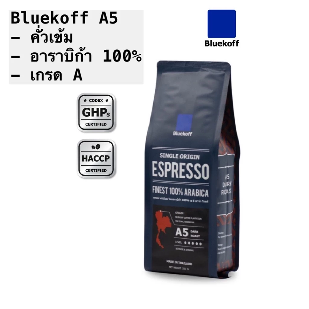 Bluekoff A5 เมล็ดกาแฟ ไทยอาราบิก้า คั่วเข้ม (Dark Roast) 250 กรัม