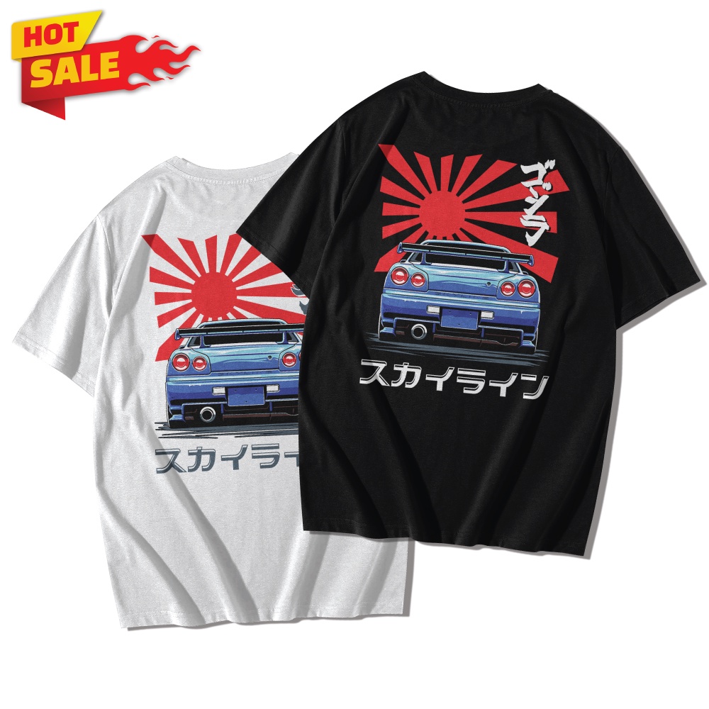 LOWRIDER เสื้อยืดคอตต้อนแท้ ไม่หด ไม่ย้วย ลายสกรีน GTR R34 (แขนสั้น)
