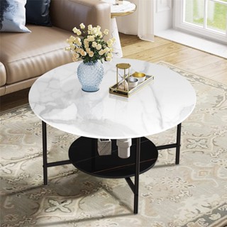 WISFOR โต๊ะกาแฟ ลายหินอ่อน สไตล์นอร์ดิก Marble Coffee Table 2 Tier Round Sofa Side End Table Large