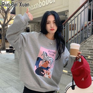 RUO BEI XUAN เสื้อสเวตเตอร์ผู้หญิงเกาหลีพิมพ์ลายแขนยาวคอกลมหนาเสื้อกันหนาวหลวมสำหรับผู้หญิง