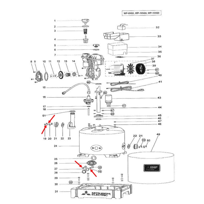 โบล์ท M8x1.25x25 ปั้มน้ำ มิตซู WP-85, WP-105, WP-155, WP-205, WP-255, WP-305, WP-355, WP-405 (ราคา/ชิ้น) (แท้) - รูปที่ 2