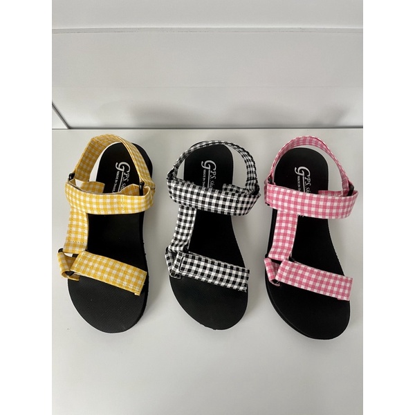 รองเท้ารัดส้น STRAP ผ้าคอตตอลสไตส์เกาหลี ลายสกอตน่ารักสดใส สายสามารถปรับระดับได้