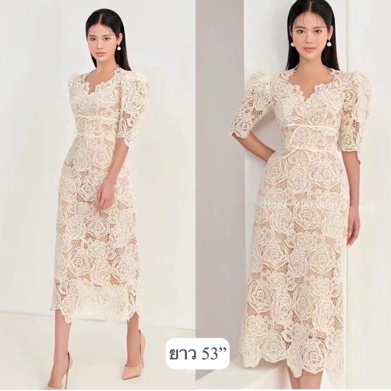 ป้าย NT Princess เดรสลูกไม้ลายกุหลาบแน่นๆ คอวี อกแต่งแถบผูกโบว์น่ารักๆ สวยมาก ใส่ออกงาน งานแต่งงานบว