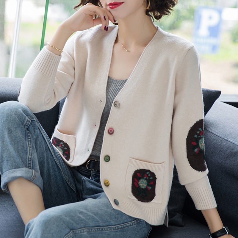 Casual Loose Short Knit Cardigan Women Vintage Single-breasted Sweater Coat With Pockets Korean Style Spring thin Knit J #5