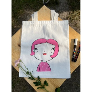 กระเป๋าสะพาย ผ้าแคนวาส   DIY Painted BAG น้องชมพู