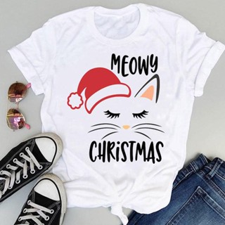 เสื้อยืด Cat Face Trend Cartoon Holiday Merry Christmas Women T Shirts Graphic Female Happy New Year Top Tshirt Tee