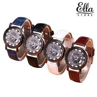 Ellastore123 นาฬิกาข้อมือควอตซ์แฟชั่น สายหนังเทียม ตัวเลขโรมัน สําหรับบุรุษ