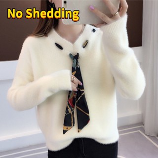 [No Shedding] เสื้อกันหนาว ผ้าขนแกะ แบบหนา ทรงหลวม ขนาดเล็ก แฟชั่นฤดูใบไม้ร่วง และฤดูหนาว สําหรับผู้หญิง