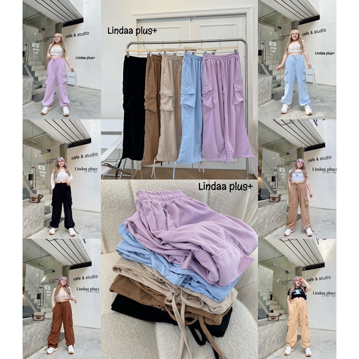 กางเกงขายาวเอวสม๊อครอบปลายขาปล่อยหรือดึงให้จั้ม สายy2k+street ต้องมี plussize สาวอวบ เสื้อผ้าสาวอวบอ