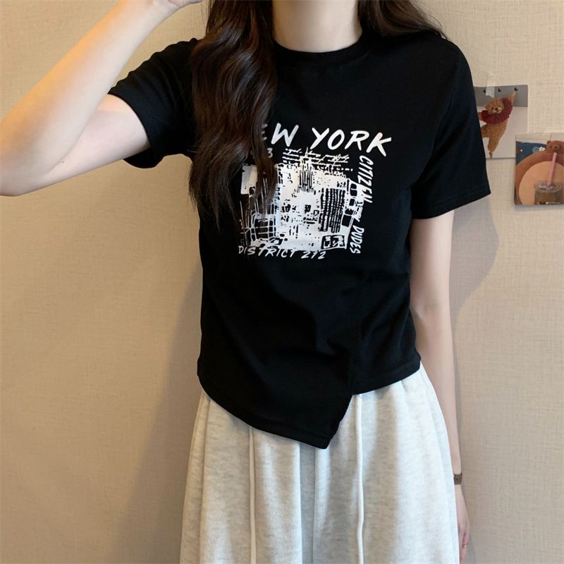 พร้อมส่ง เสื้อครอปสาวอวบ แฟชั่นฤดูร้อน เสื้อผ้าสไตล์เกาหลี เสื้อยืดสกรีนลายผู้หญิงน่ารัก สวยๆ crop top เอวลอย ไม่ต้องรีด