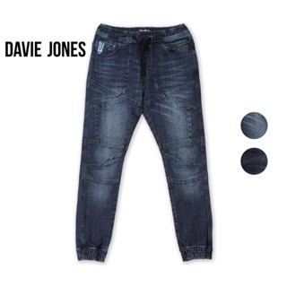 DAVIE JONES กางเกงจ็อกเกอร์ ยีนส์ เอวยางยืด ขาจั๊ม สีดำ สีกรม Drawstring Denim Joggers in navy black GP0116LN GP0117BK