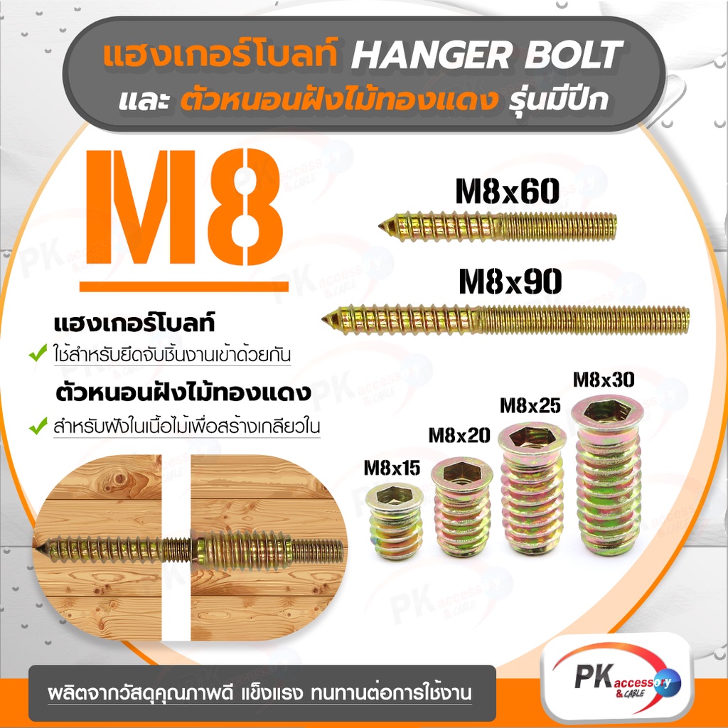 แฮงเกอร์โบลท์ + ตัวหนอนฝังไม้ทองแดง รุ่นมีปีก M8 ราคาต่อชุด