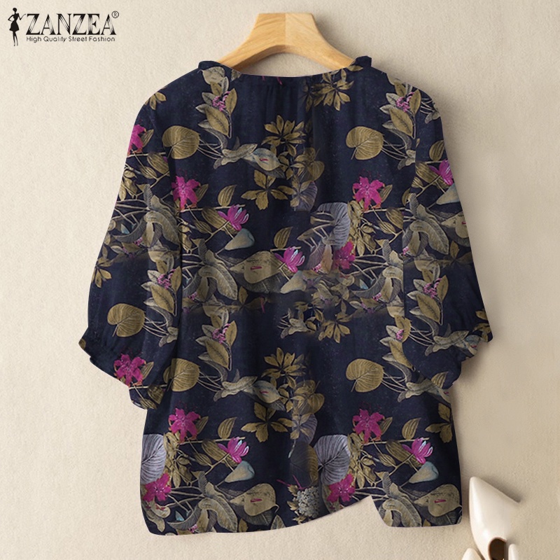 Zanzea เสื้อลําลองสําหรับสตรี ผ้าฝ้าย แขนสั้น พิมพ์ลาย ทรงหลวม สไตล์เกาหลี — صورة 8