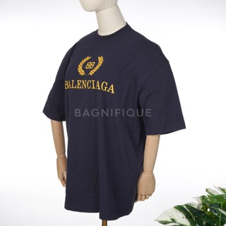 NEW BALENCIAGA T-SHIRT XS NAVY LOGO YELLOW NYLON