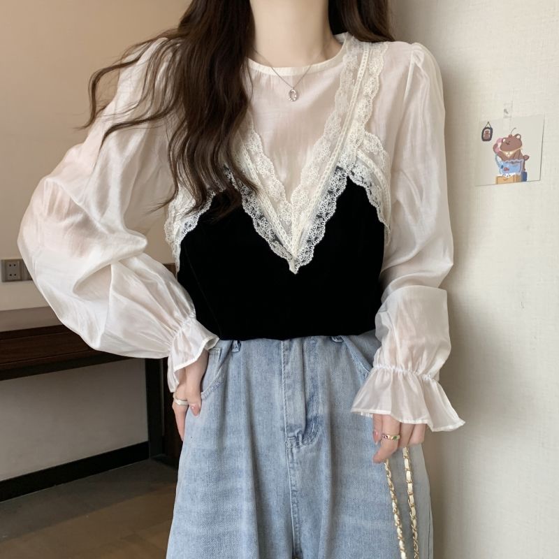 พร้อมส่ง เสื้อเชิ้ตทำงานเย็บตะเข็บสีขาวแฟชั่นสไตล์เกาหลีทรงหลวมสลิมลูกไม้แขนยาว มี 2 สี