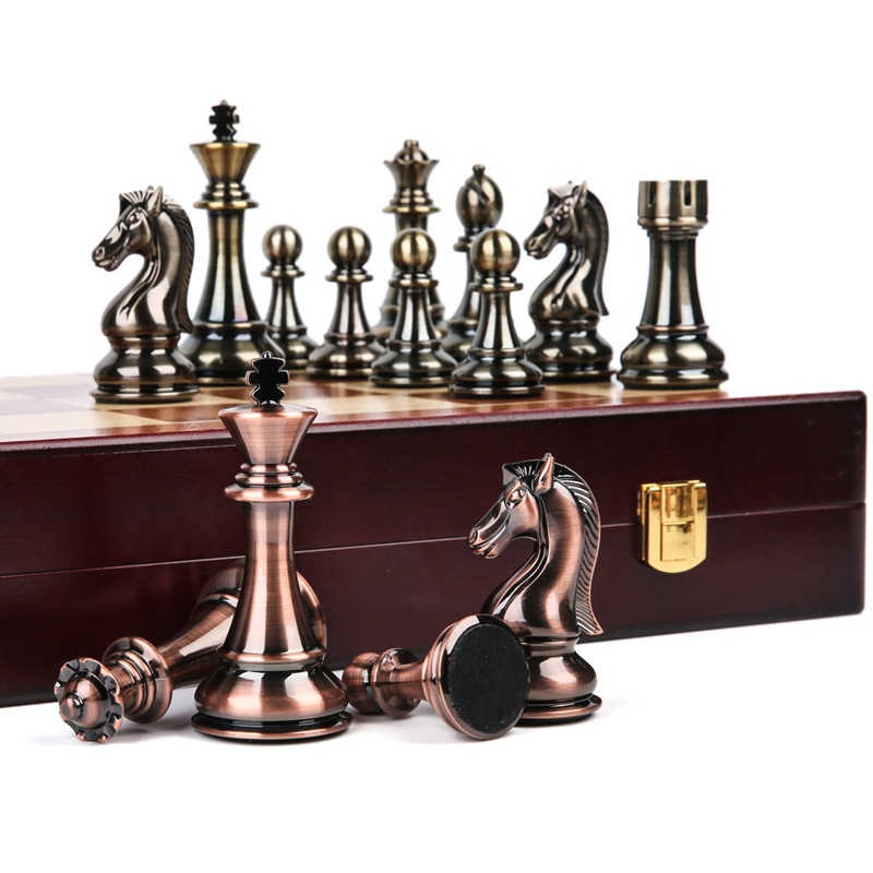 52CM Luxury Chess Board Games Bronze Metal Chess Pieces Set Folding Wooden Checkerboard Creative Family Board Games for