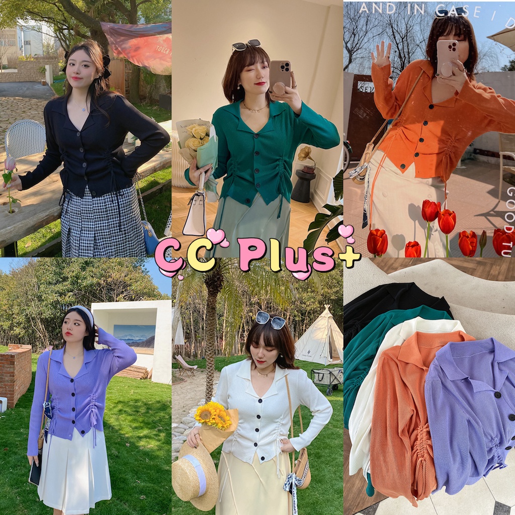 CiCi Plus+(2810-1)เสื้อไหมพรมแขนยาวคอปก ดีเทลเชือกรูดใส่แมตช์ง่าย ลุคสาวพลัสไซส์คิ้วท์ๆ ราคาถูก Shopee Lazada