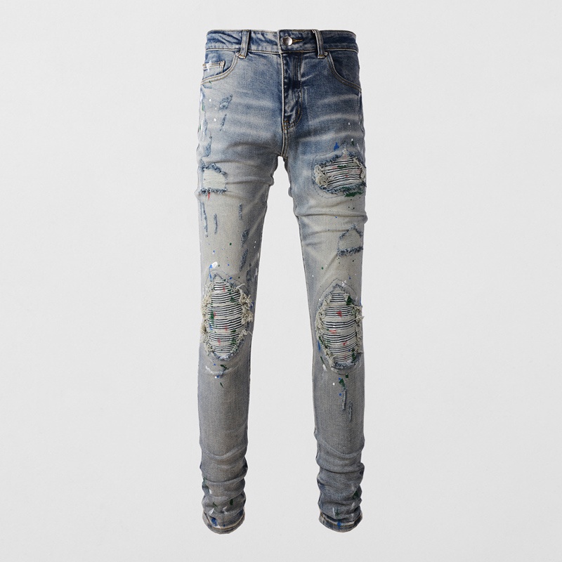 กางเกงยีนส์ AMIRI Mens Slim Edition สไตล์แพทช์บุคลิกภาพ Paint Graffiti Style#High Street Denim